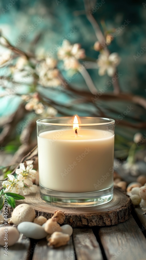 A beautiful candle glows on a wooden table, complemented by natural elements for serenity