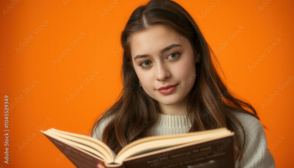 A young woman reads a book with a warm smile against a vibrant orange background in a cozy indoor setting A young woman reads a book with a warm smile against a vibrant orange background in a cozy indoor setting