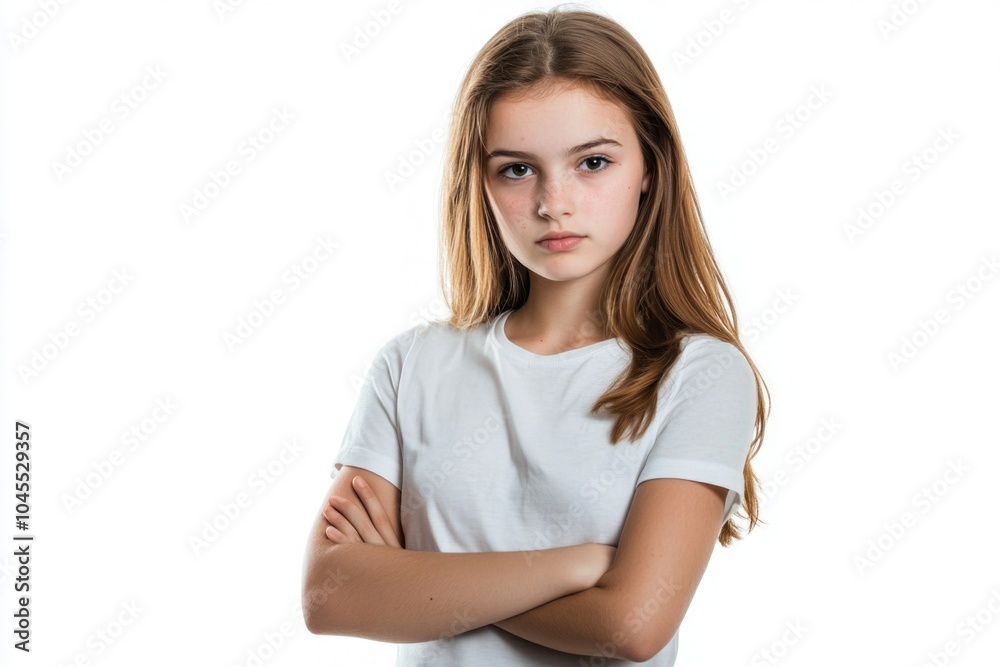 A young girl stands with her arms crossed, looking confident and determined A young girl stands with her arms crossed, looking confident and determined