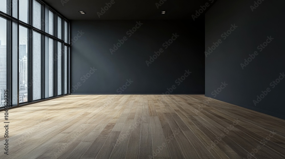 Modern Empty Room with Large Windows and Wooden Floor Modern Empty Room with Large Windows and Wooden Floor