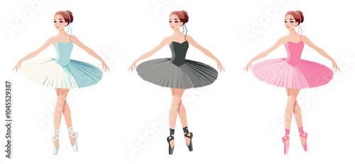 Set of pretty ballerina in different dress dancing on white background. Vector illustration on white background
