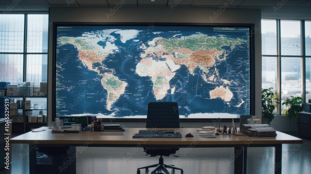 Fototapeta premium A large screen in a dispatch room tracking real-time movement of trucks and shipments across various routes.