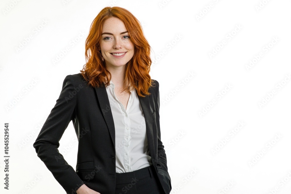 A professional woman dressed in a black suit with a white shirt, suitable for corporate or office settings