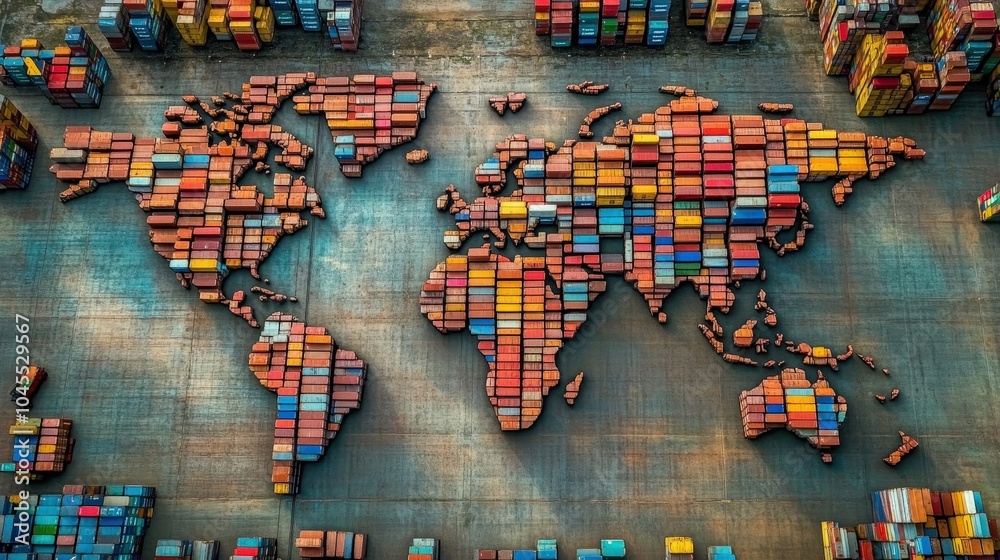 Naklejka premium World Map Formed by Stacked Shipping Containers Symbolizing Global Trade and International Logistics