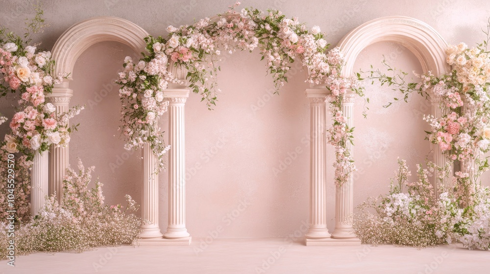 Enchanting Floral Archway in a Serene Indoor Setting with Pastel Hues and Elegant Symmetry Enchanting Floral Archway in a Serene Indoor Setting with Pastel Hues and Elegant Symmetry