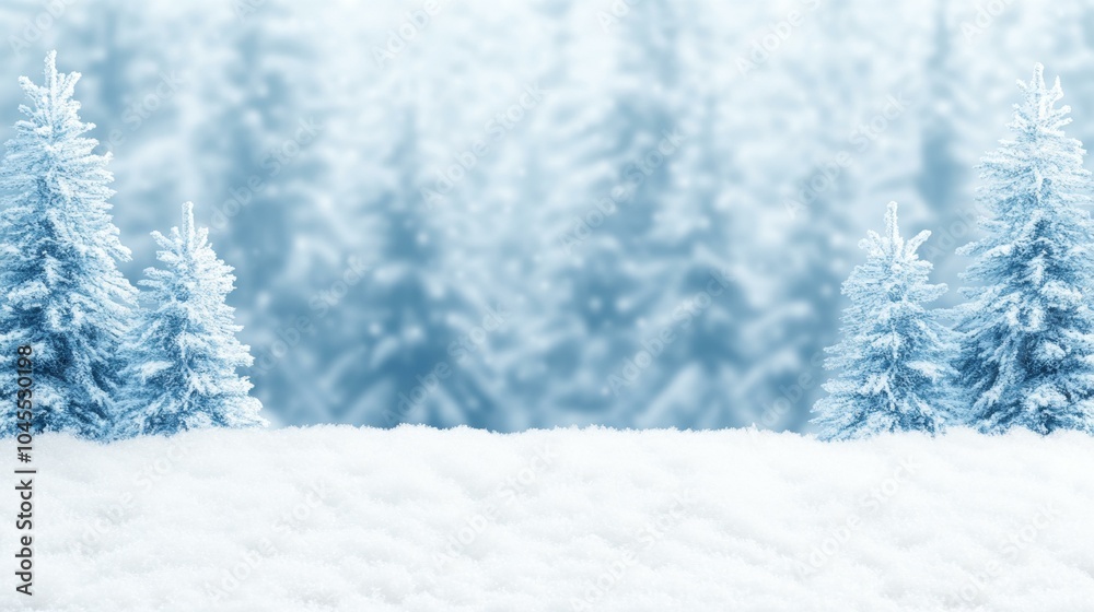 Fototapeta premium Snowy pine branches with blurred winter forest in the background under a bright blue sky.