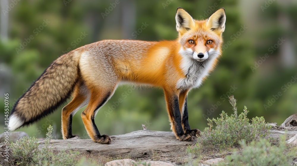 A red fox stands alert on a log in a forest, its bushy tail curled behind it. A red fox stands alert on a log in a forest, its bushy tail curled behind it.