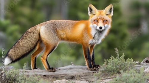A red fox stands alert on a log in a forest, its bushy tail curled behind it.