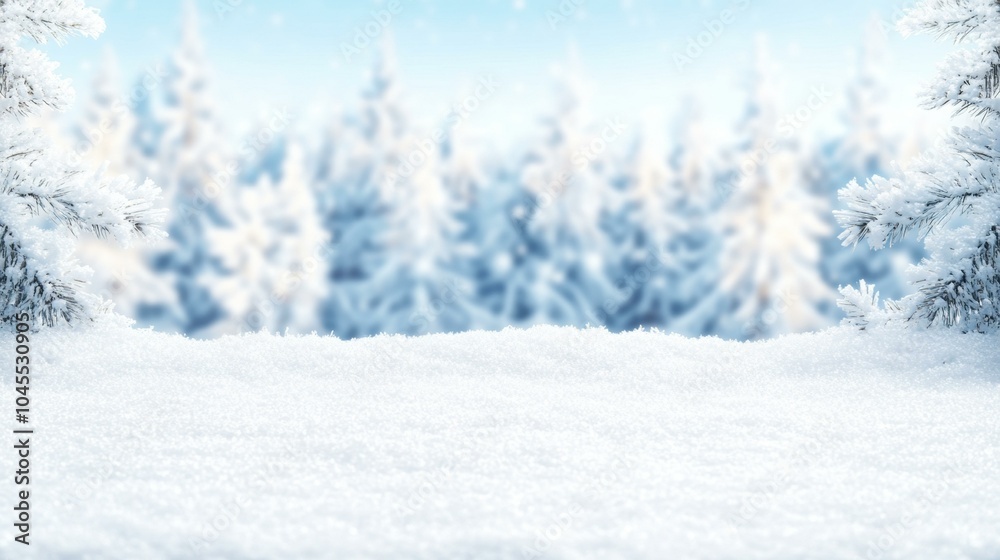 Fototapeta premium Snowy pine branches with blurred winter forest in the background under a bright blue sky.