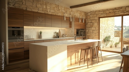 Modern Kitchen with Natural Elements and Stone Walls