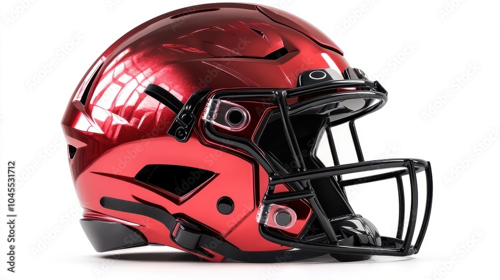 Fototapeta premium Glossy red football helmet with black facemask isolated on a pure white background, vibrant colors and sleek design evoke a sense of American sports pride.