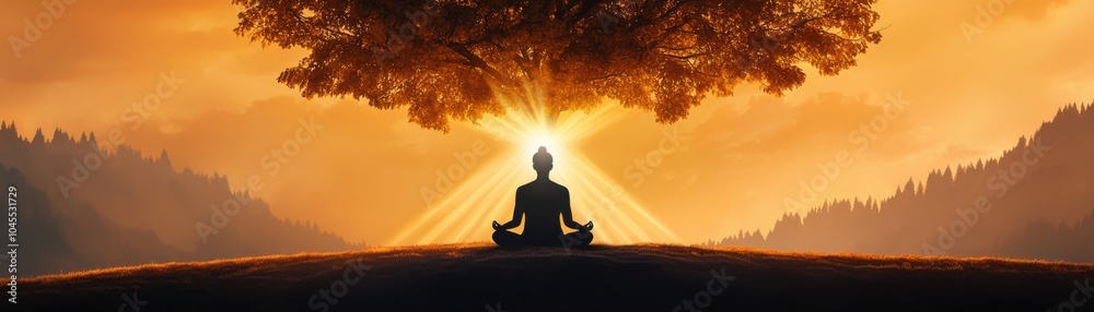 A serene silhouette of a meditating figure under a tree, with golden rays of sunlight breaking through the branches at sunset. A serene silhouette of a meditating figure under a tree, with golden rays of sunlight breaking through the branches at sunset.