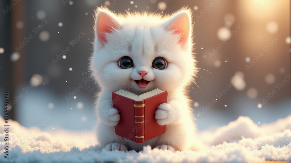 A fluffy white kitten holds a red book while sitting in the snow, surrounded by gently falling snowflakes. A fluffy white kitten holds a red book while sitting in the snow, surrounded by gently falling snowflakes.