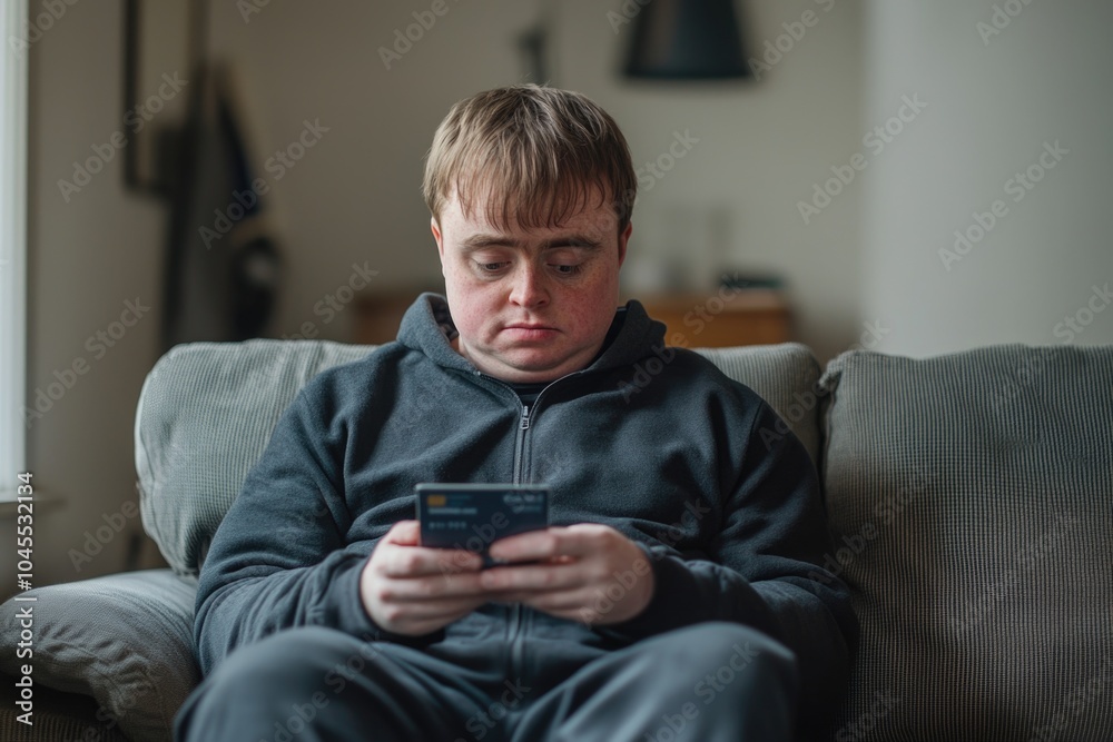 A young man sitting on a couch, focused on his cell phone A young man sitting on a couch, focused on his cell phone