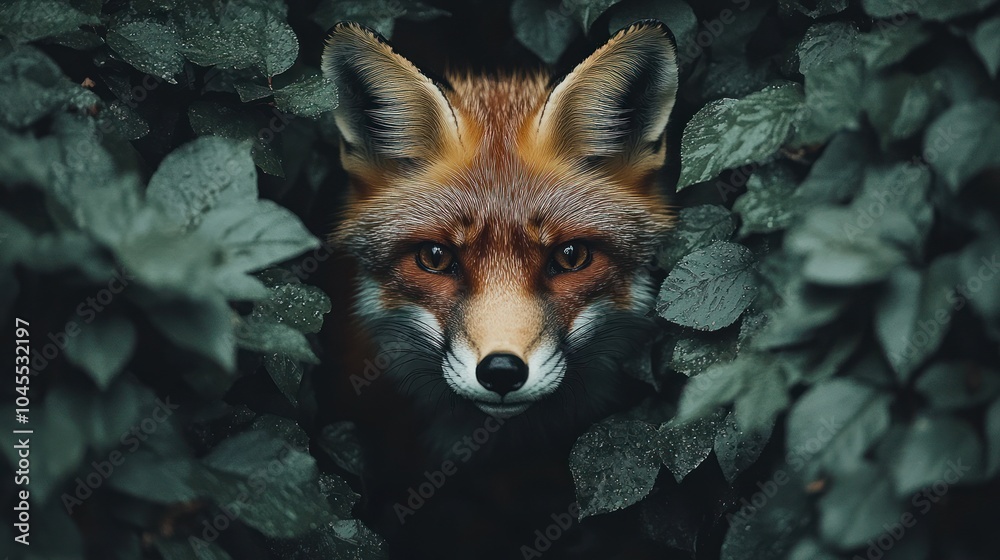 A red fox with a curious expression peeks out from a thicket of green leaves.