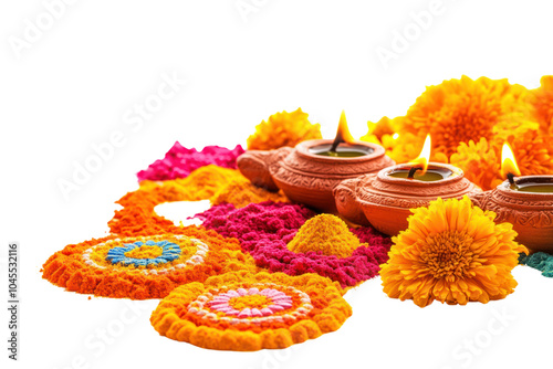 A vibrant and colorful display of traditional Diwali decorations, including intricate rangoli designs made with bright colored powders photo