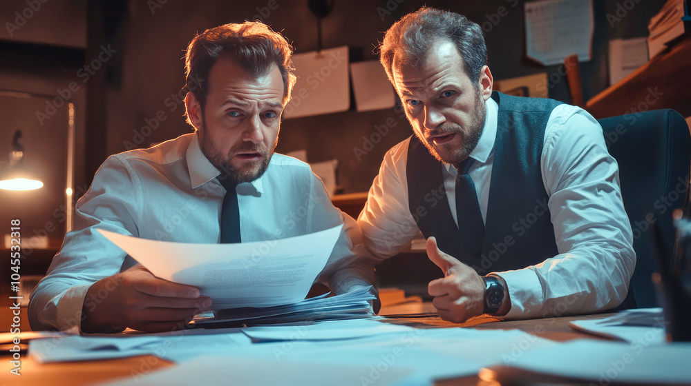 Frustrated boss confronts employee over mismanaged documents in a cluttered office during a late-night work session