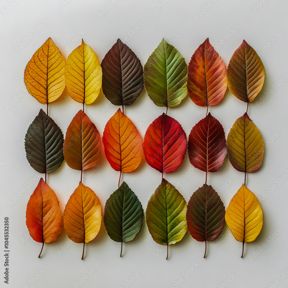 Obraz premium Vibrant autumn leaves arranged on a white background, capturing the essence of fall