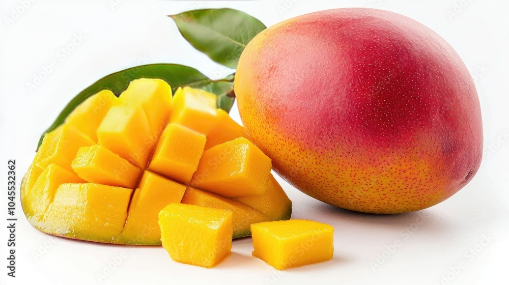 Fresh Mango with Cubes on White Background Fresh Mango with Cubes on White Background