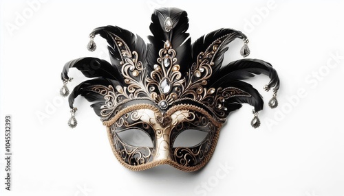 Black carnival mask isolated on white background , feathers , 