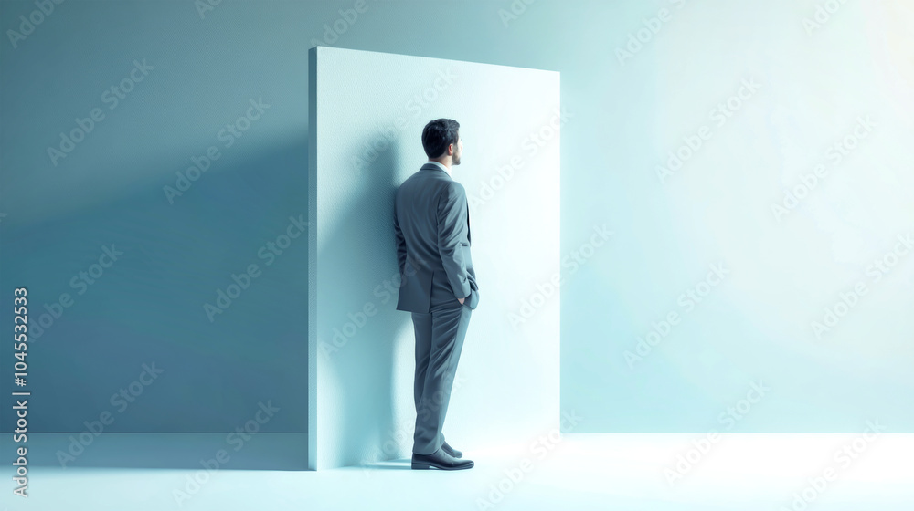 A businessman stands in a modern white and gray setting, contemplating his next move in a sleek, high-resolution space during an indeterminate time A businessman stands in a modern white and gray setting, contemplating his next move in a sleek, high-resolution space during an indeterminate time