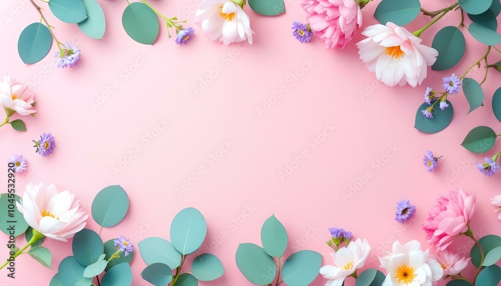 Flowers composition. Pink flowers and eucalyptus branches on pink background. Valentine's day, Mother's day, women's day concepts. copy space Flowers composition. Pink flowers and eucalyptus branches on pink background. Valentine's day, Mother's day, women's day concepts. copy space