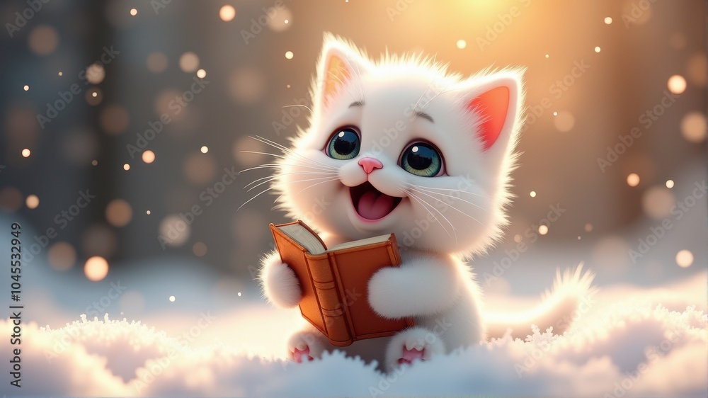 A cute cartoon kitten sits in a snowy setting, joyfully reading a small book amid glowing bokeh lights. A cute cartoon kitten sits in a snowy setting, joyfully reading a small book amid glowing bokeh lights.