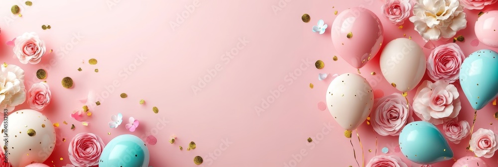 Festive Pink Background With Pink And Blue Balloons And Flowers For Birthday, Party Or Holiday Festive Pink Background With Pink And Blue Balloons And Flowers For Birthday, Party Or Holiday