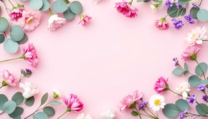 Flowers composition. Pink flowers and eucalyptus branches on pink background. Valentine's day, Mother's day, women's day concepts. copy space