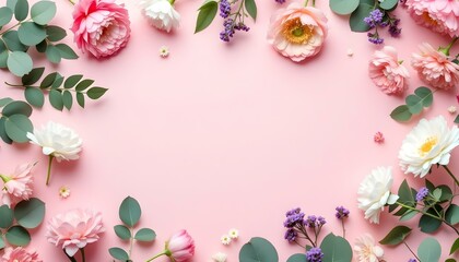 Flowers composition. Pink flowers and eucalyptus branches on pink background. Valentine's day, Mother's day, women's day concepts. copy space