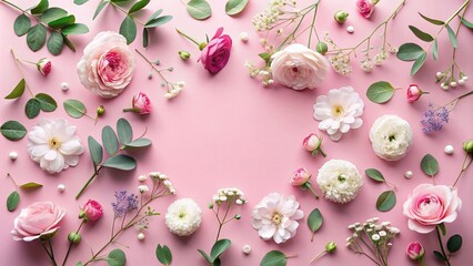 Flowers composition. Pink flowers and eucalyptus branches on pink background. Valentine's day, Mother's day, women's day concepts. copy space