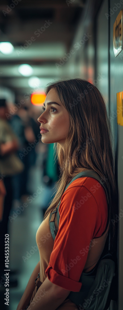 Fototapeta premium Young woman in an orange shirt stands in a crowded space, looking away from the camera with a thoughtful expression.