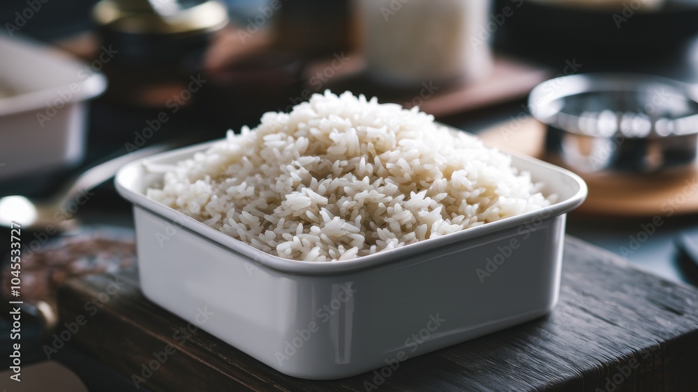 A white bowl of rice is sitting on a wooden table A white bowl of rice is sitting on a wooden table