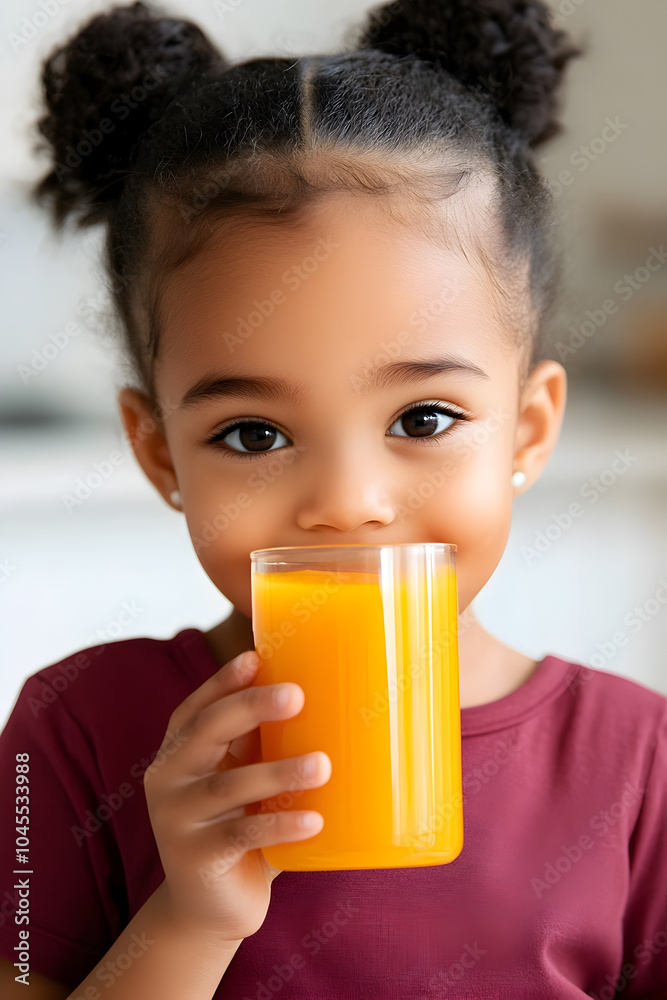 Smiling African child girl with bun hair wearing a maroon shirt, drinking a glass of orange juice in a modern kitchen setting. Smiling African child girl with bun hair wearing a maroon shirt, drinking a glass of orange juice in a modern kitchen setting.