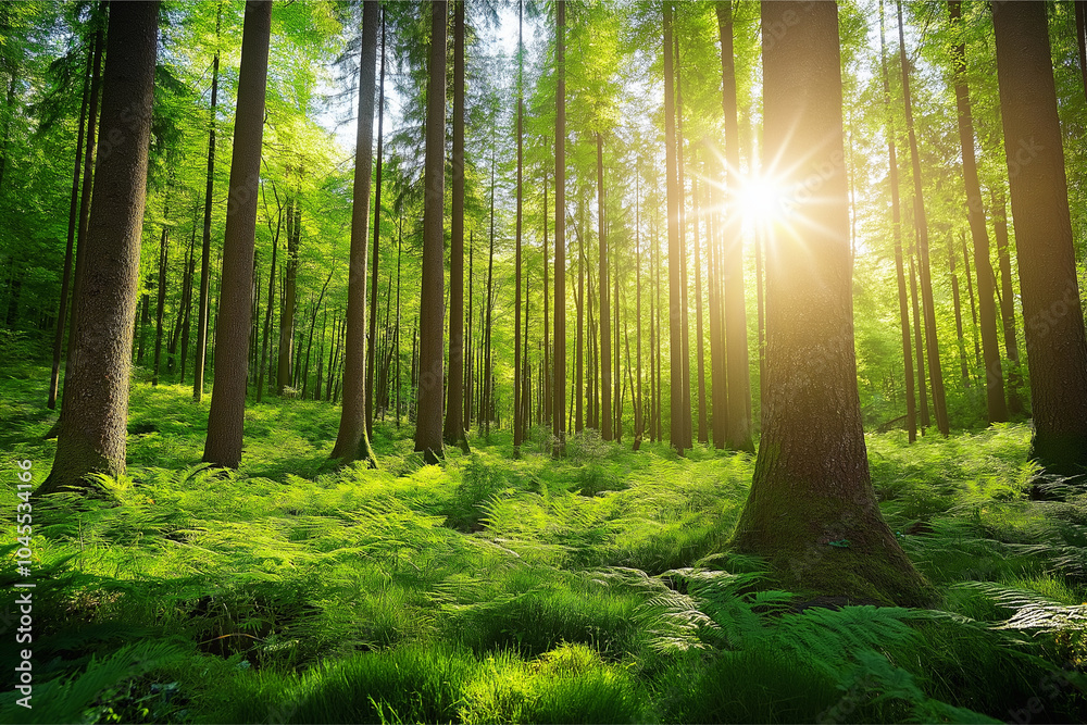 Fototapeta premium Forest landscape the sun shines in from the side.