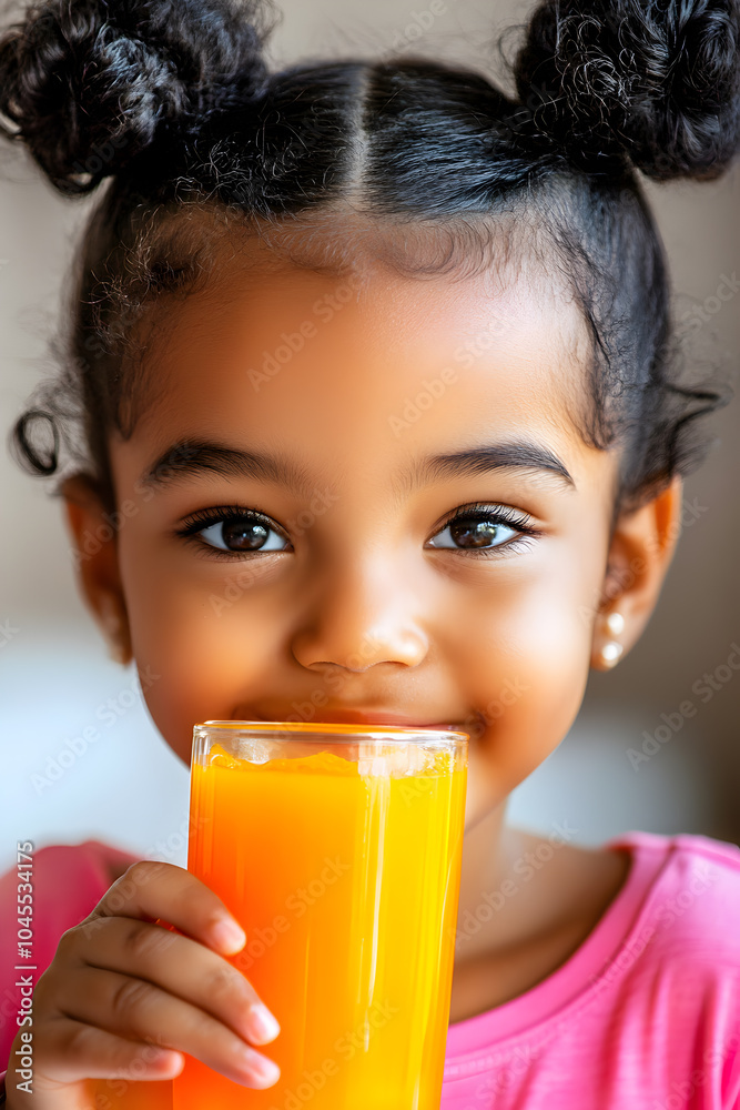 Smiling African girl with bun hair, dressed in a pink shirt, drinking orange juice in a cozy kitchen, delighting in the healthy drink. Smiling African girl with bun hair, dressed in a pink shirt, drinking orange juice in a cozy kitchen, delighting in the healthy drink.