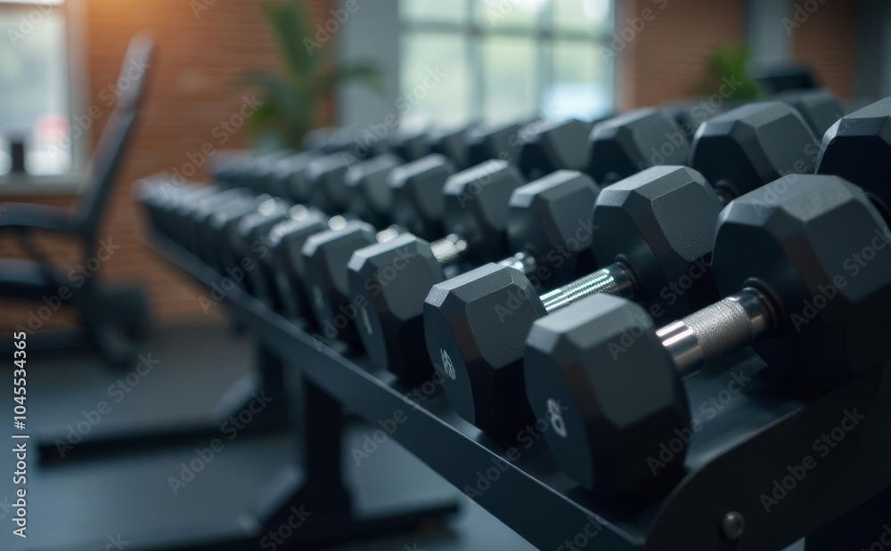 Rows of dumbbells in the gym with sunlight.. Dumbbells on the training stand photo high quality Rows of dumbbells in the gym with sunlight.. Dumbbells on the training stand photo high quality