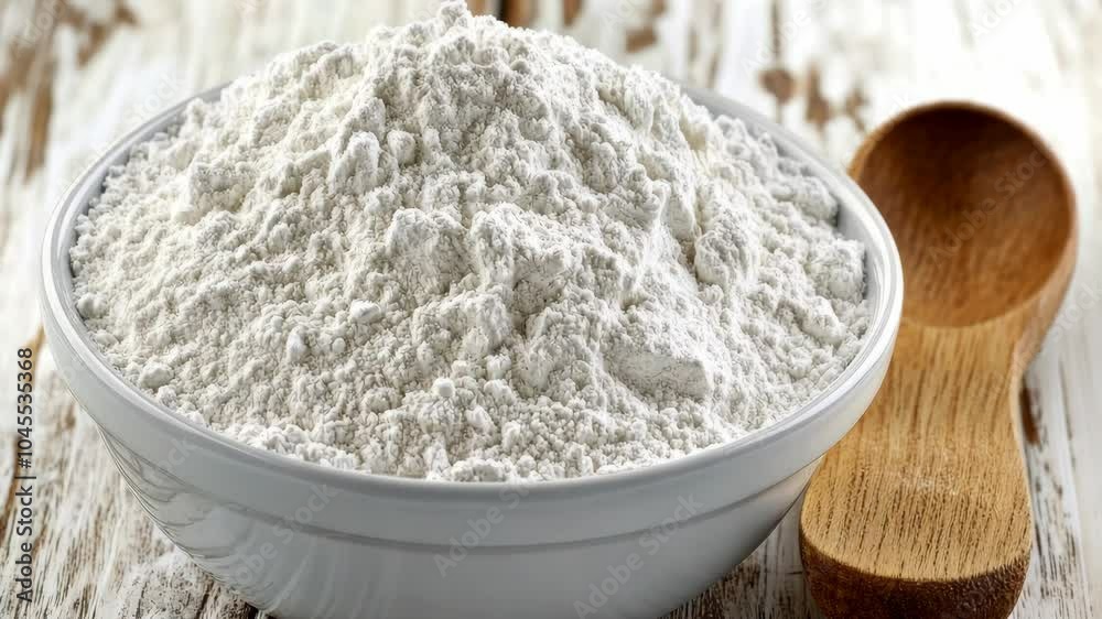 A bowl of white powder sits on a wooden surface next to a wooden spoon A bowl of white powder sits on a wooden surface next to a wooden spoon