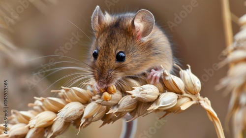 Close-up of a cute mouse eating a delicious grain of wheat in its natural habitat.