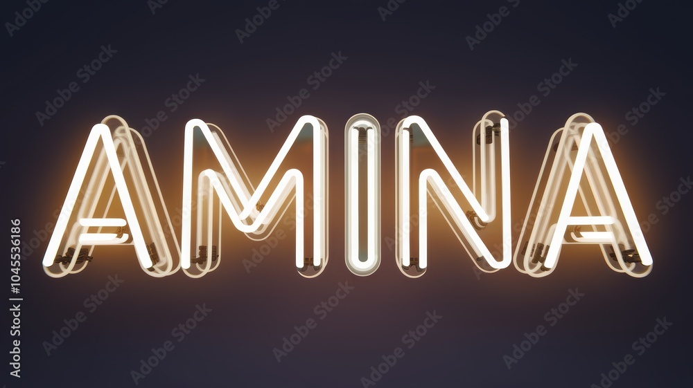 Neon Style Typography: Bright and Bold 'AMINA' Sign in Warm Colors Ideal for Branding and Decor