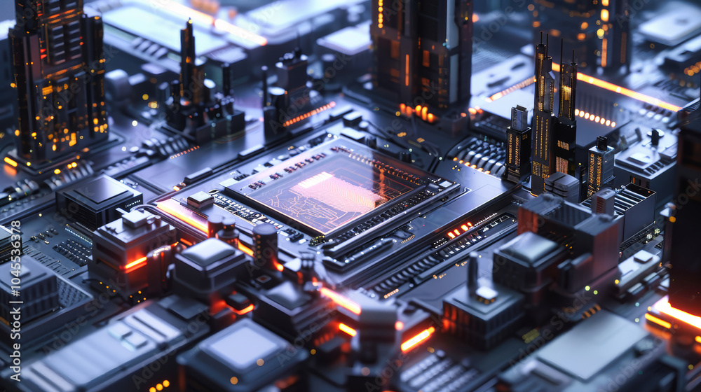 Aerial view of a futuristic AI chip and holographic interface surrounded by circuits in a digital cityscape highlighting intricate details Aerial view of a futuristic AI chip and holographic interface surrounded by circuits in a digital cityscape highlighting intricate details