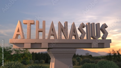 3D Text Display: The word 'ATHANASIUS' in bold modern typography, set against a scenic sunset landscape, ideal for branding or signage. photo