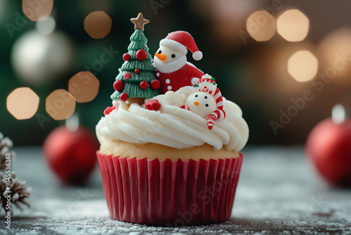 Festive Christmas Cupcake with Creamy Icing and Decorative Toppings