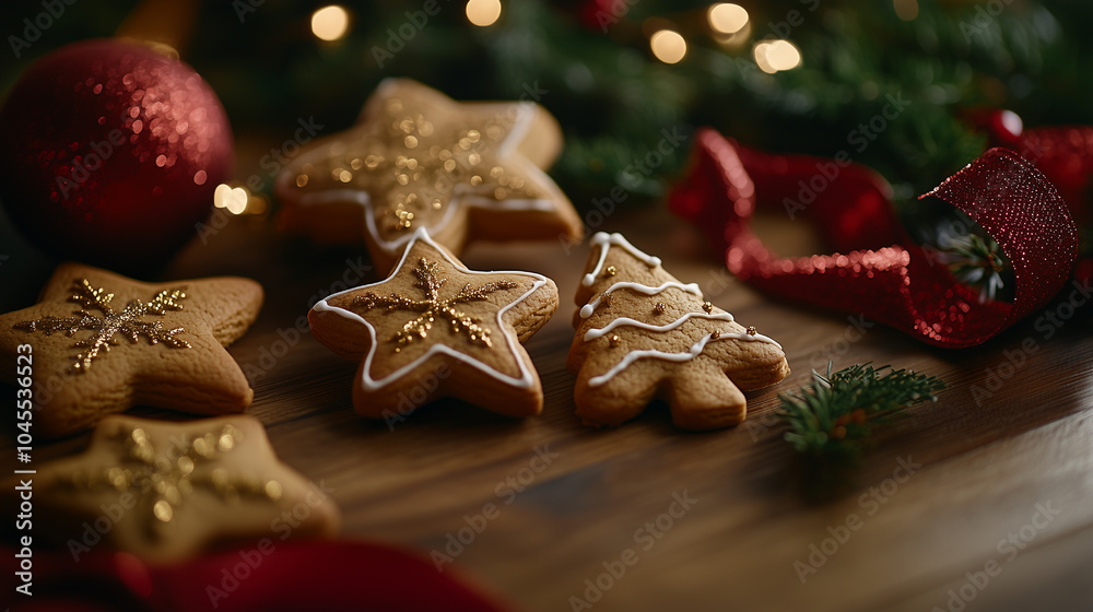 Close-up Photo of Festive Star and Tree-Shaped Gingerbread Cookies on a Wooden Table with Christmas Decorations Close-up Photo of Festive Star and Tree-Shaped Gingerbread Cookies on a Wooden Table with Christmas Decorations