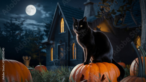 Schwarze Katze auf Kürbis vor Spukhaus bei Vollmond photo