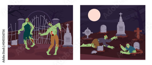 Resurrection of zombies in the cemetery vector flat set, Halloween horror graveyard with corpse, walking dead, full moon