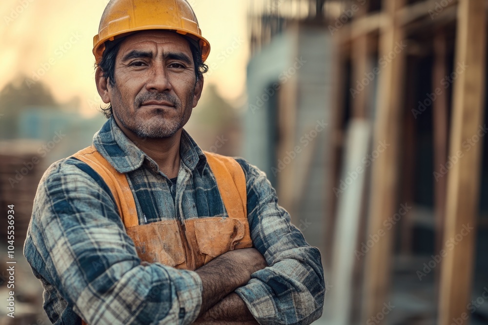 A person wearing a safety helmet stands near a construction site or building, possibly for work or inspection purposes A person wearing a safety helmet stands near a construction site or building, possibly for work or inspection purposes