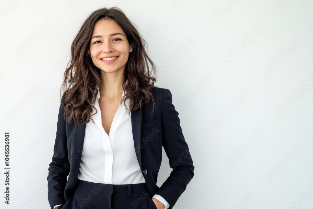 Professional woman standing still with a serious expression