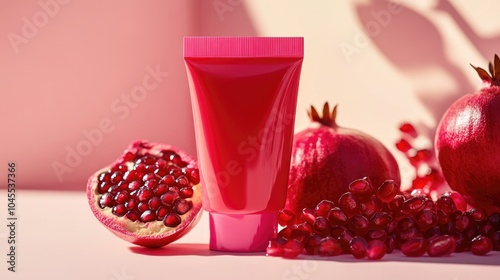 A pomegranate sits beside a pink cream-filled tube, awaiting use or consumption photo