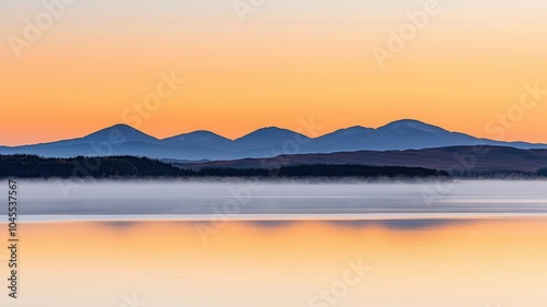 Serene mountain landscape at sunrise reflected in calm water, soft pastel colors.